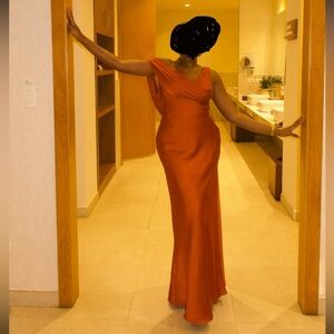 Azazie Cheryl Burnt Orange Mermaid Stretch Satin Dress